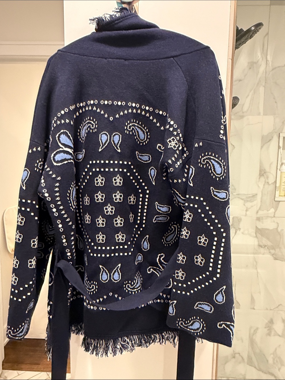 GAP Navy and Light Blue Bandana-Print Fringe Cardigan - Picture 5 of 6